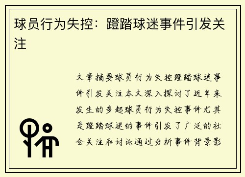 球员行为失控：蹬踏球迷事件引发关注
