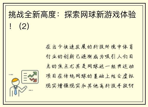 挑战全新高度：探索网球新游戏体验！ (2)